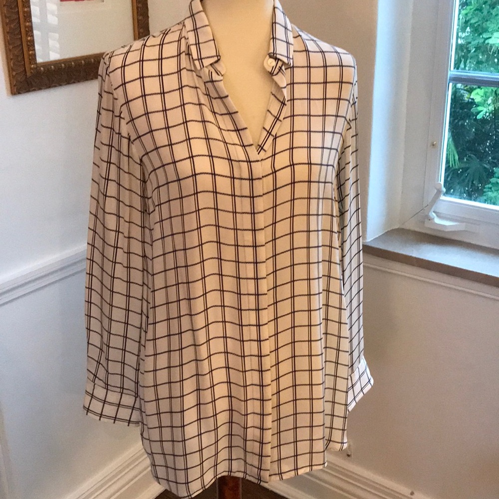 Theory cream windowpane silk blouse